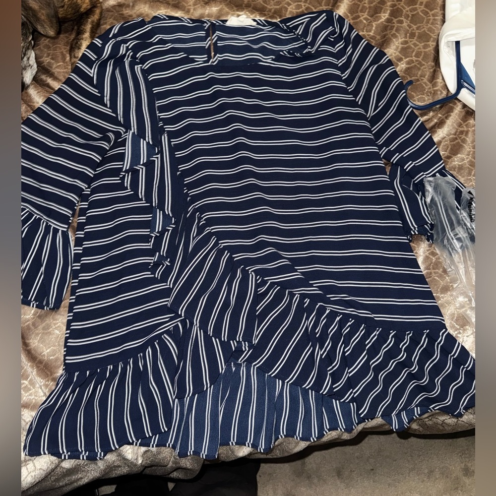 Navy and White Striped Ruffle shirt